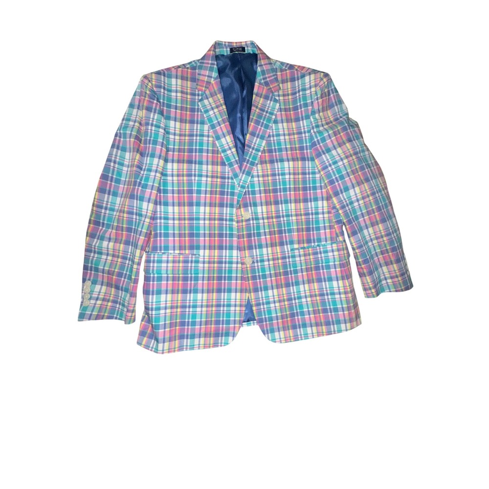 Saddlebred Mens 42S Plaid Sport Coat Blazer Multi-Color Cotton Preppy 2-Button